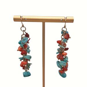 VTG Turquoise & Coral Chip Cluster Southwest Dangle Earrings